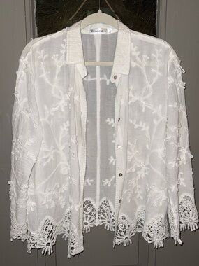 White Embroidered Crochet-Trim Jacket